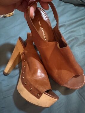 Via Spiga Brown Leather Platform Slingback Peep-Toe Heels